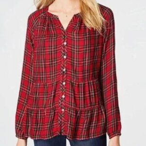 J. Jill Red Plaid Holiday V-neck Button Front Blouse Tiered Ruffle Hem Size M P